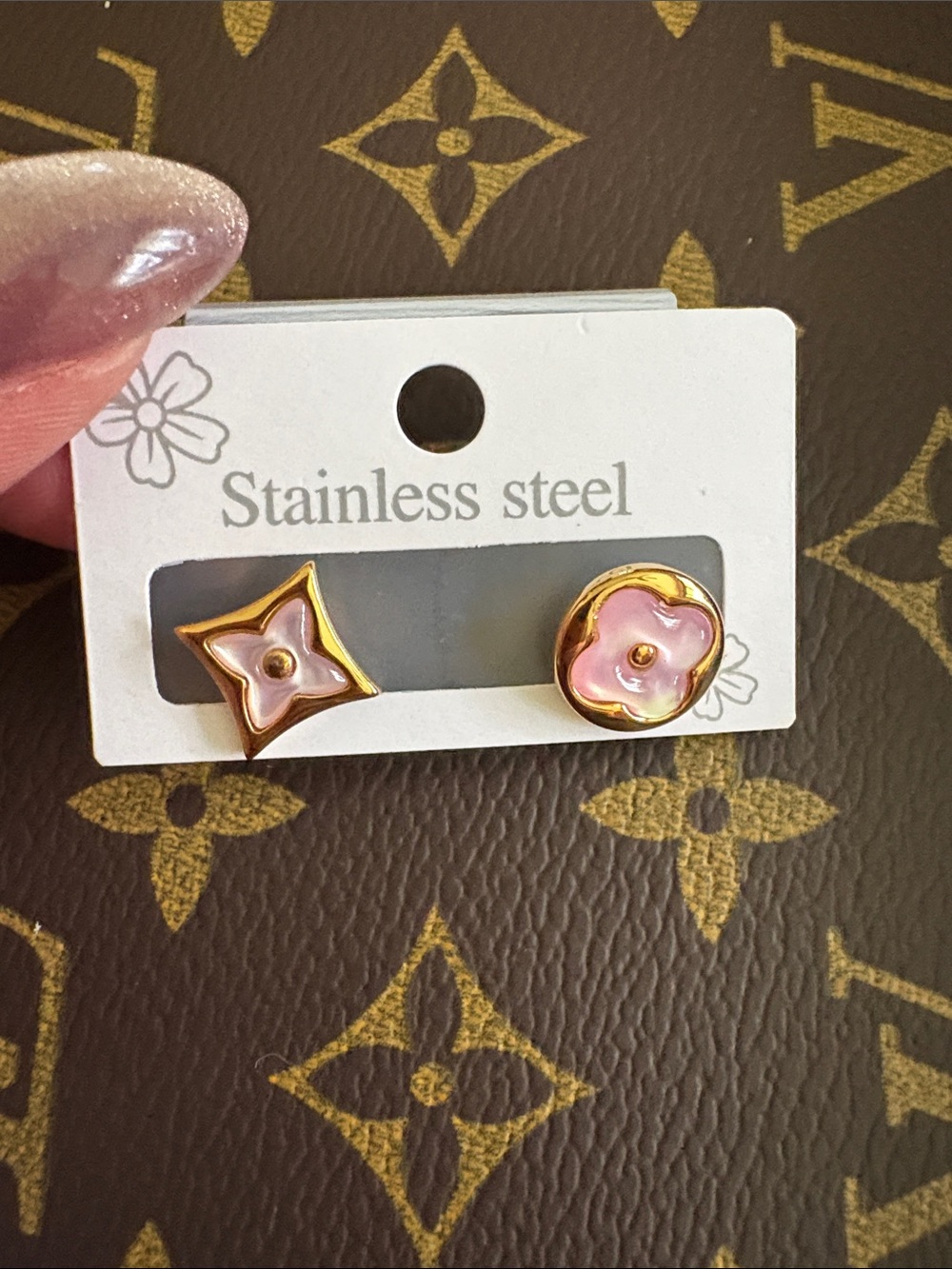 Pink Floral Stainless Steel Stud Earrings with Gold Tone Trim (Pair)